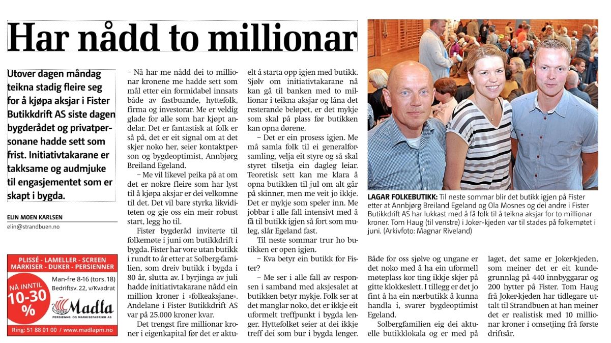 Artikkel Strandbuen 03.08.2017 - Aksjeresultat og veien videre